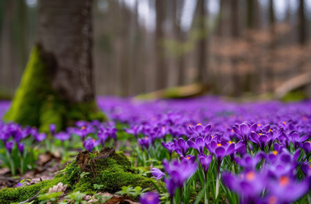 vibrant purple crocus flowers in a lush forestの素材