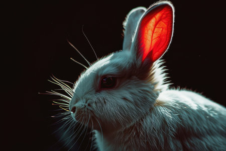 close-up of a fluffy white rabbit with red eyesの素材