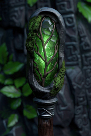 Mystical forest staff with glowing green crystalの素材