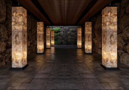 Mysterious underground hallway with stone columns and wallsの素材