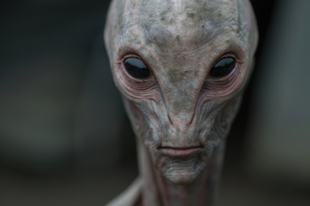 Mysterious alien face with large eyes and wrinkled skinの素材