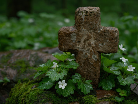 ancient stone cross in lush green forestの素材