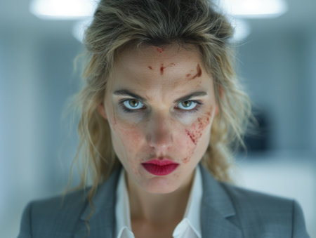 Injured businesswoman with cuts on faceの素材