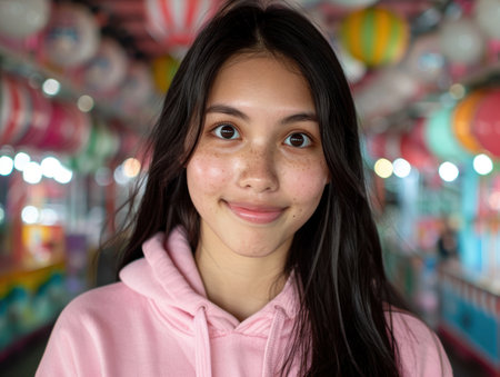 young asian woman with pink hoodie smilingの素材