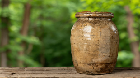 Antique ceramic jar on wooden tableの素材