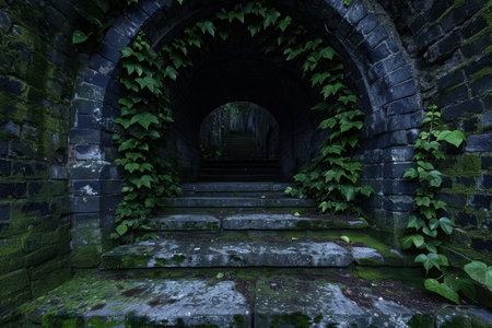 Mysterious stone archway with lush greeneryの素材