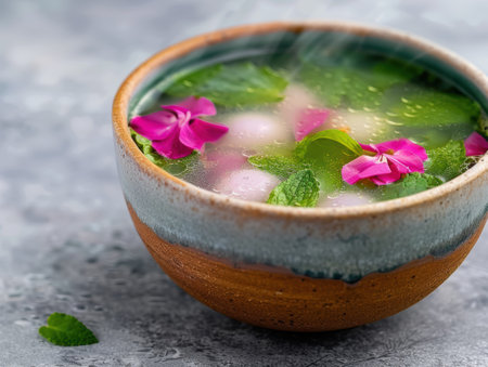 Herbal tea with fresh flowers and mint leavesの素材