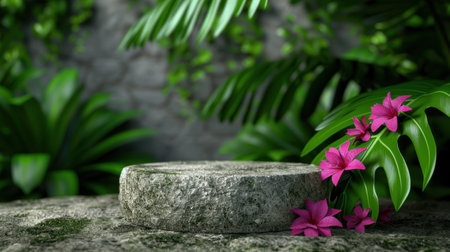 tropical flowers and stone in lush green gardenの素材
