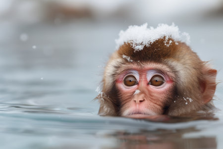 Adorable snow monkey in hot springの素材