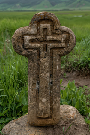 Weathered stone cross in a grassy fieldの素材