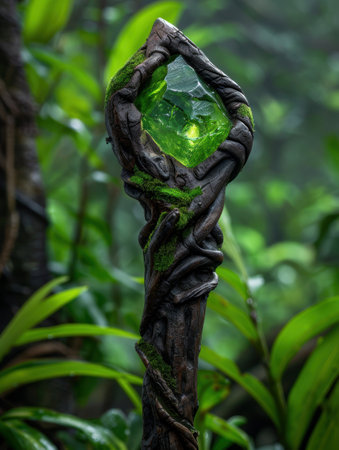 Glowing green crystal in a mossy forestの素材