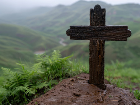 Weathered wooden cross on a grassy hill overlooking a misty landscapeの素材