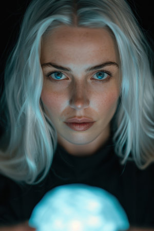 Mysterious woman with piercing blue eyesの素材