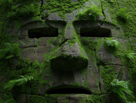 moss covered stone face in lush forestの素材