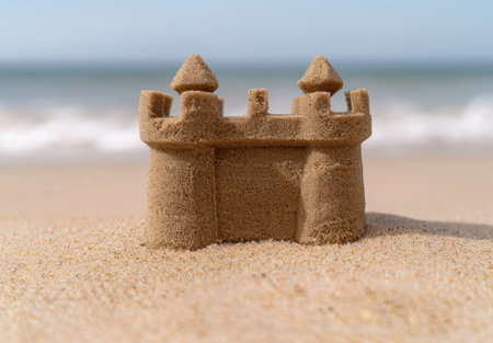 Sandcastle on beach with ocean in backgroundの素材