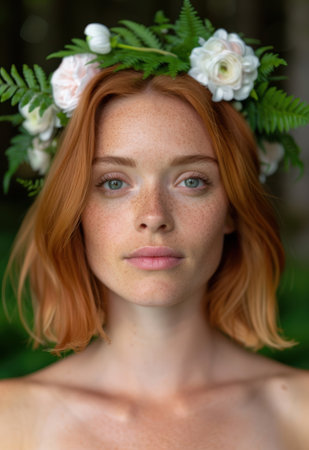 Redheaded woman with floral crownの素材