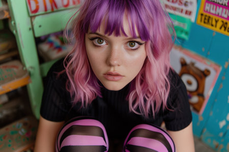 young woman with vibrant pink and purple hairの素材