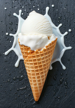 Melting ice cream scoop in waffle cone on black backgroundの素材