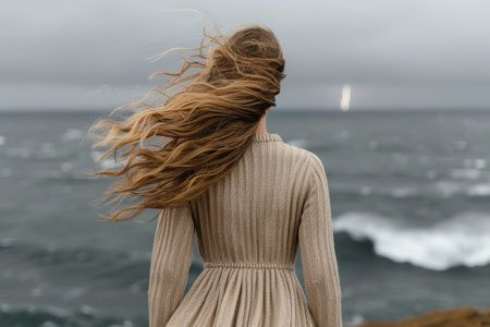 woman with flowing hair overlooking the oceanの素材