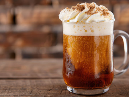 Frothy beer with whipped cream topping in a glass mug on a wooden tableの素材