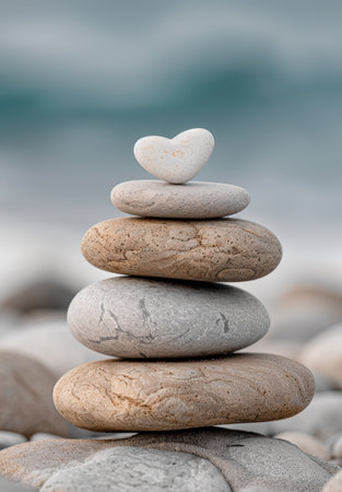 Stacked zen stones with a heart-shaped rockの素材