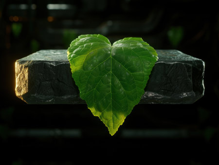 heart-shaped leaf on dark stonesの素材