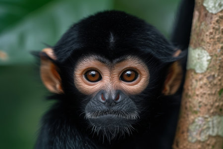 Closeup of a black monkey with large eyes and a furry faceの素材