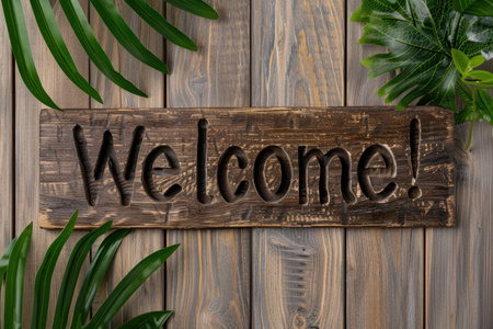 Rustic wooden welcome sign with lush greeneryの素材