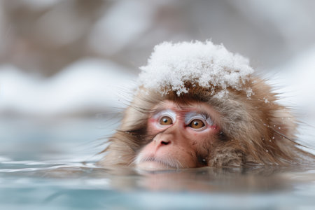 Cute snow monkey in hot springの素材