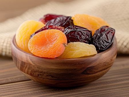 Assorted dried fruits in a wooden bowlの素材