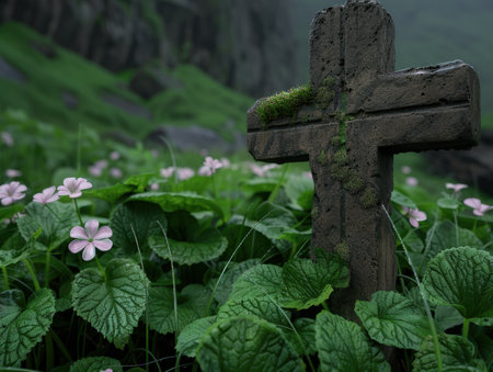 Weathered stone cross in lush green foliageの素材