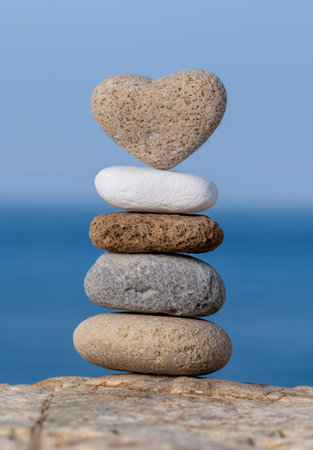 Balanced stones and heart-shaped rock on the beachの素材