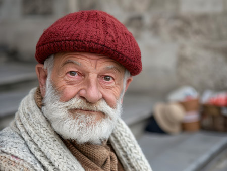 Portrait of an elderly man with a red cap and beardの素材