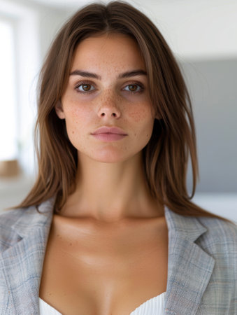 Thoughtful young woman with frecklesの素材