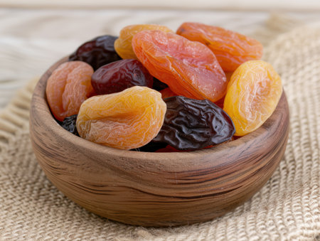 assorted dried fruit in a wooden bowlの素材