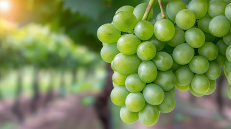 Close-up of fresh green grapes on the vineの素材