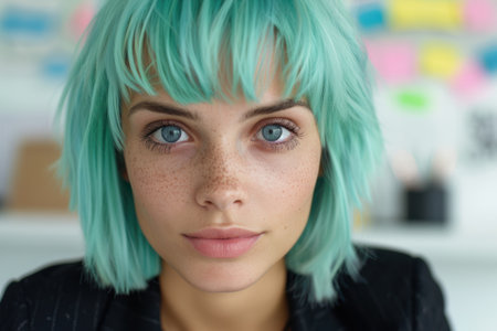 woman with vibrant teal hair and frecklesの素材