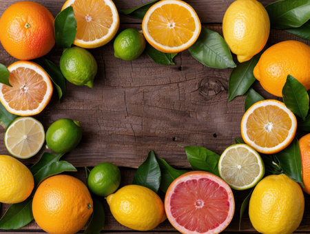 Assortment of fresh citrus fruits on wooden backgroundの素材
