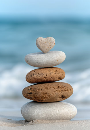 Stacked stones with heart-shaped rock on beachの素材