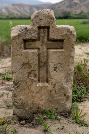 ancient religious cross carved in stoneの素材