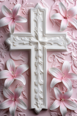 elegant white cross with pink lily flowersの素材
