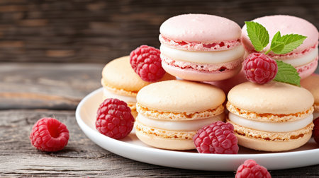 Delicious raspberry macarons with fresh raspberriesの素材