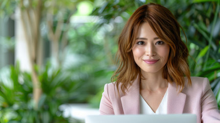 Smiling woman in pink blazer in lush green environmentの素材