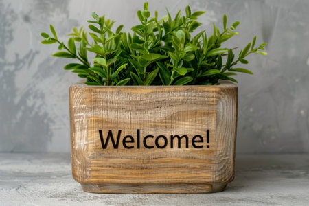 Wooden planter box with green plants and welcome signの素材
