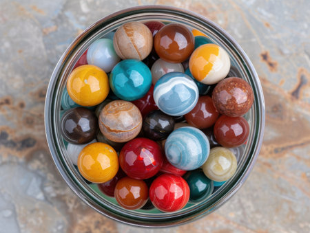 Colorful marbles in a glass bowlの素材
