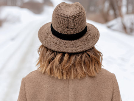 Stylish woman wearing a warm knit hat in the snowy woodsの素材