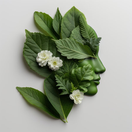 green face made of leaves and flowersの素材