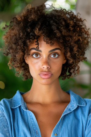 Curly-haired woman with natural makeup looking thoughtfulの素材