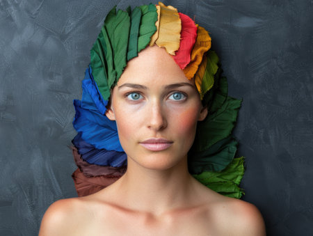Vibrant portrait of a woman with a colorful floral headpieceの素材