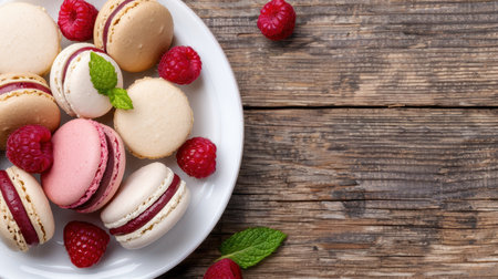 Assortment of colorful macarons and raspberries on a wooden backgroundの素材